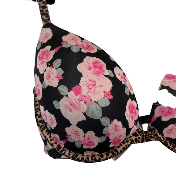 VICTORIA'S SECRET PUSH UP Black Pink Floral Leopard Print Underwire Bra 34DD - Picture 15 of 16